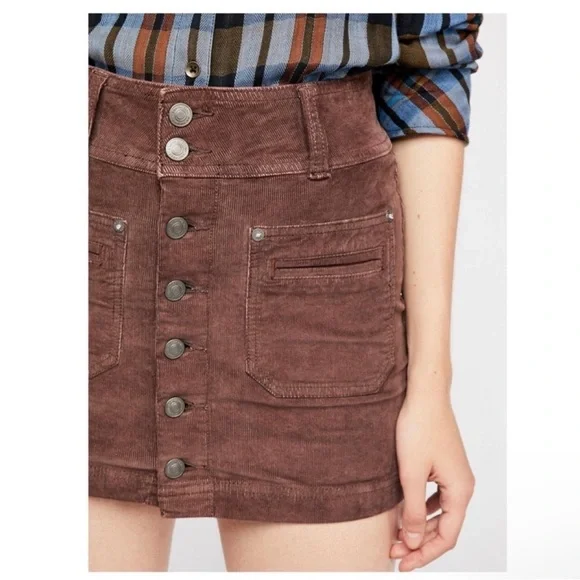 Free People We The Free Joanie Corduroy Chocolate Button-Front Mini Skirt - Picture 2 of 6